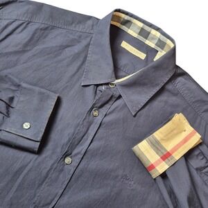 Burberry Brit Men's XL Navy Solid Button Up Nova Check Cuff Shirt